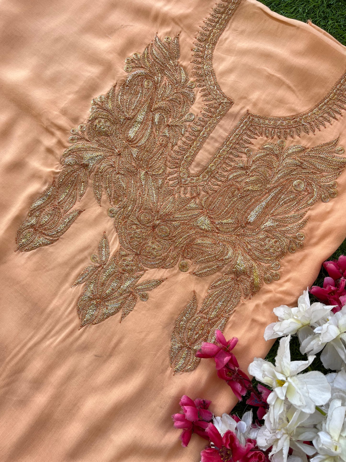 Kalaa’ Peach Muslin Silk Tilla Embroidered Suit material