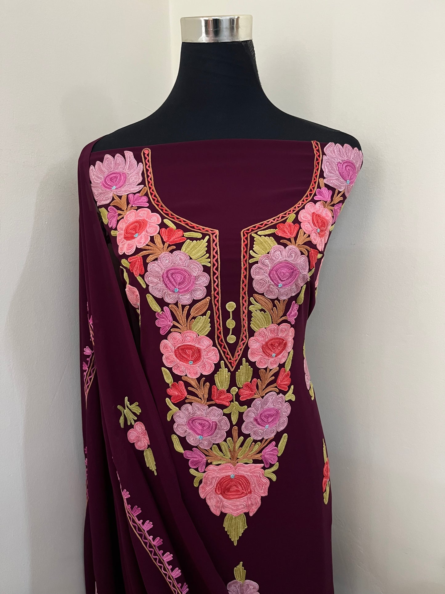 Wine Georgette 3 Pc Aari Embroidered Suit