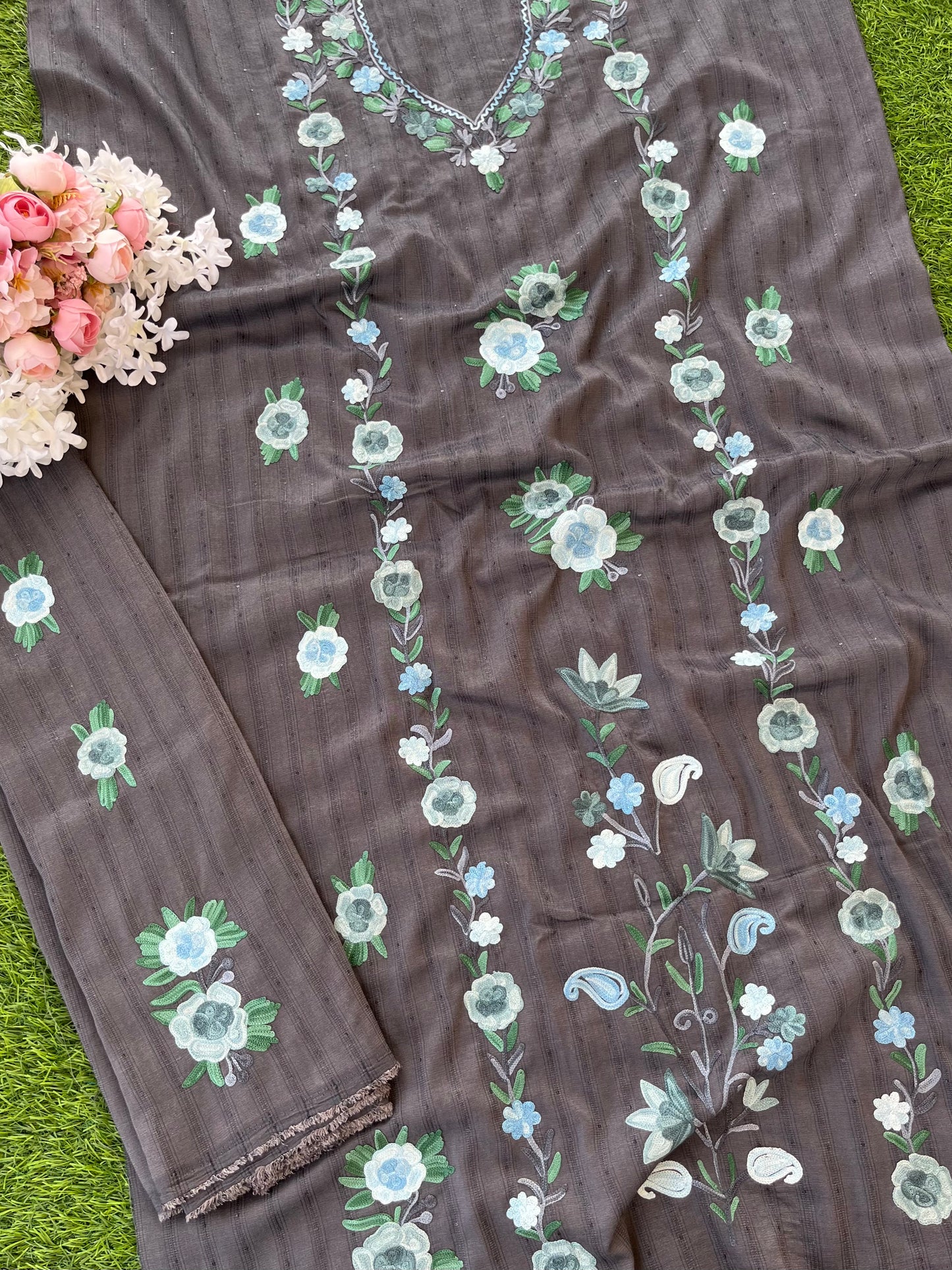 Deep Grey Muslin Cotton Striped Sequin Pattern Unstitched Co-ord Set