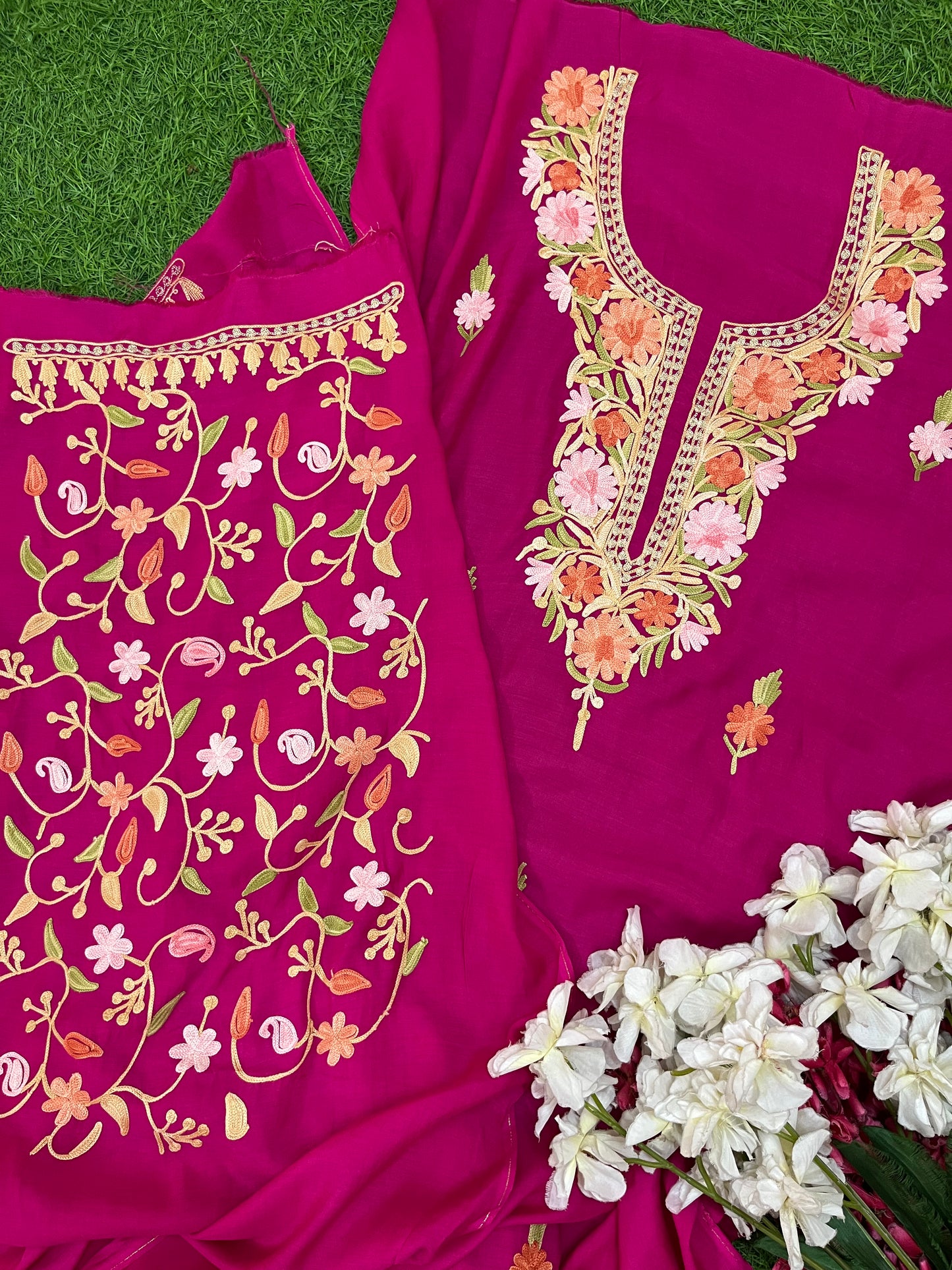 Hot Pink Muslin Cotton Jaal Sleeves Kashmiri 3pc Suit