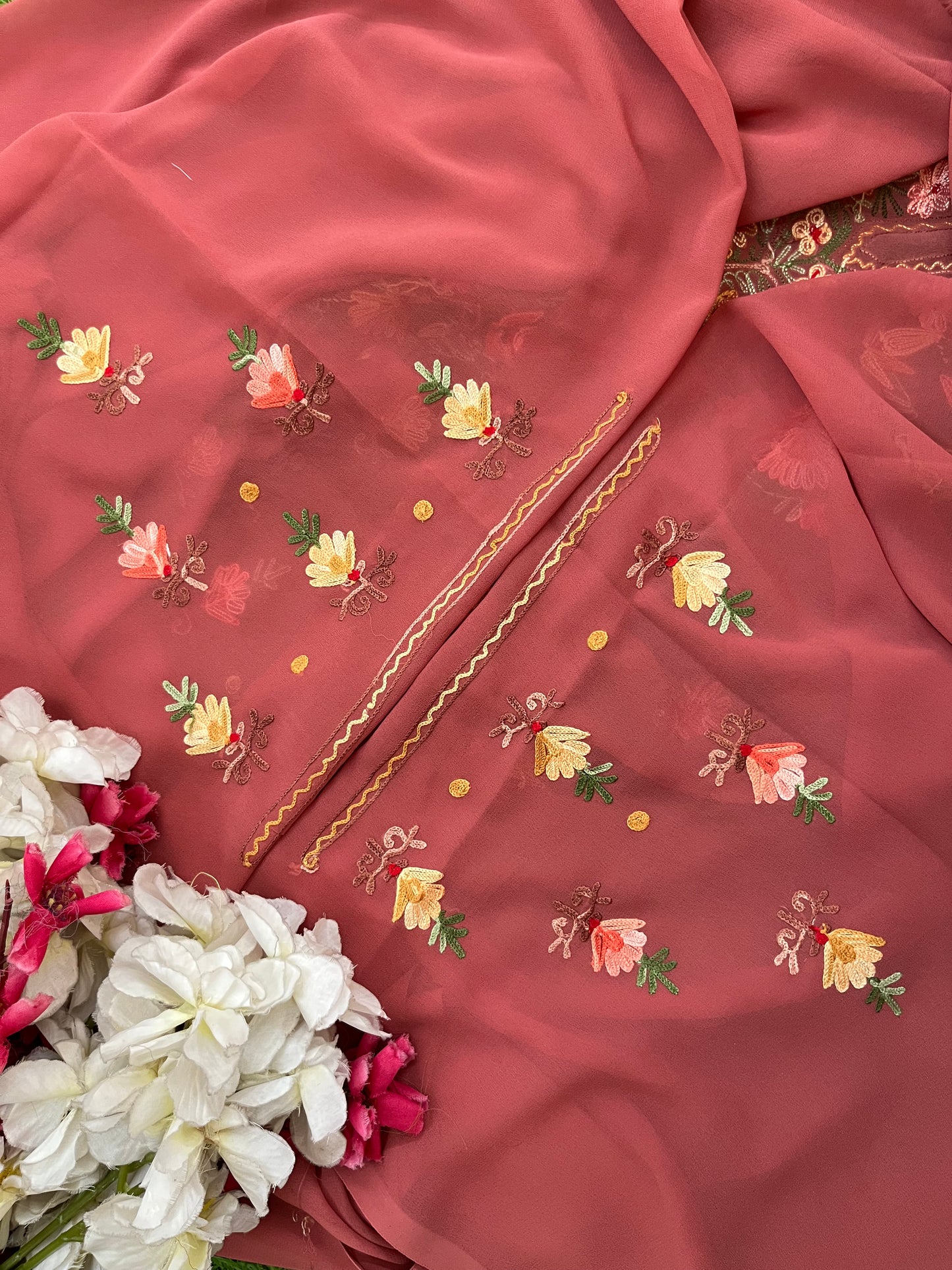Blush Red Georgette Kashmiri Kurta Material