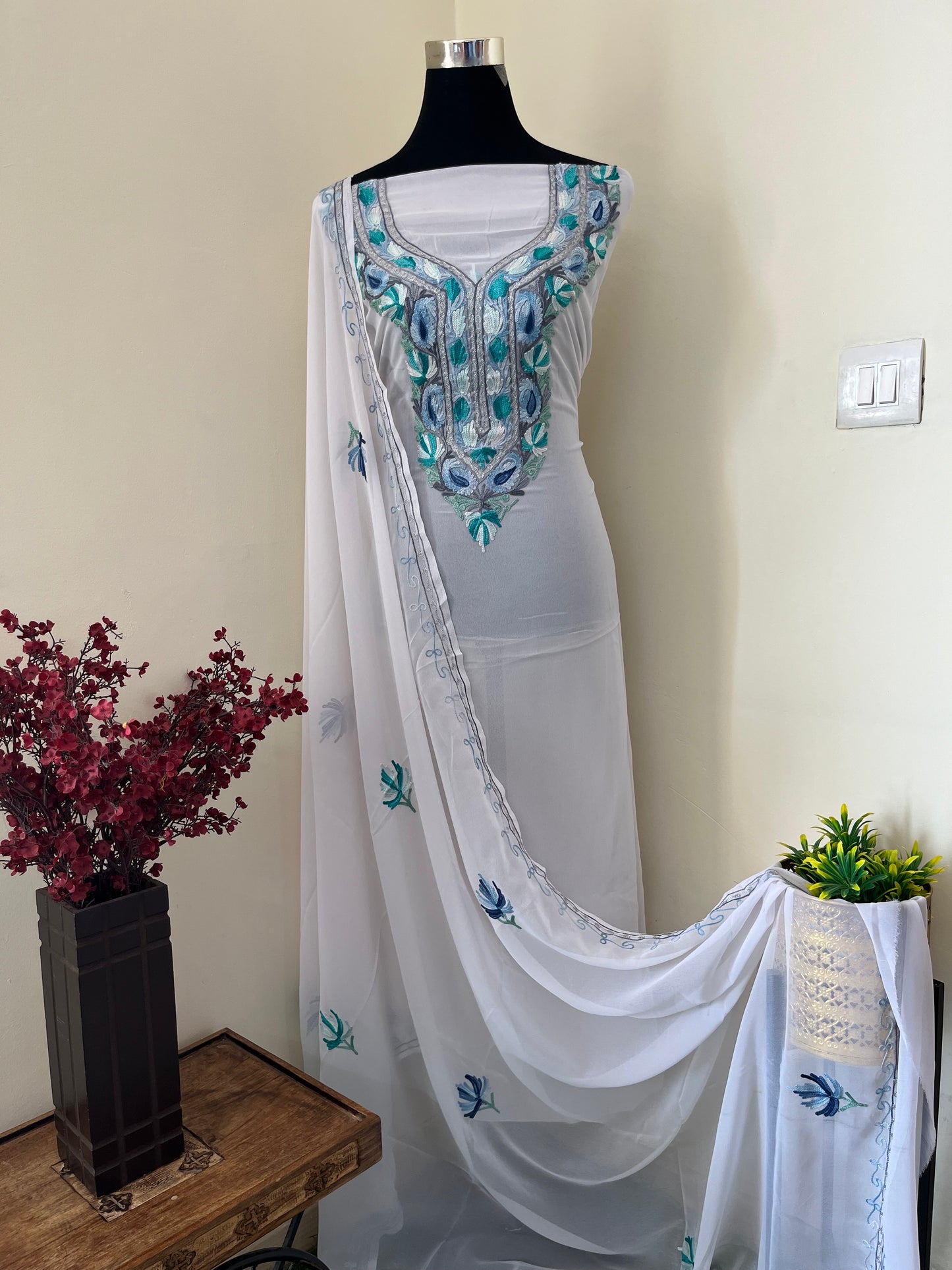 White Georgette Shirt and Dupatta Aari Embroidered Suit