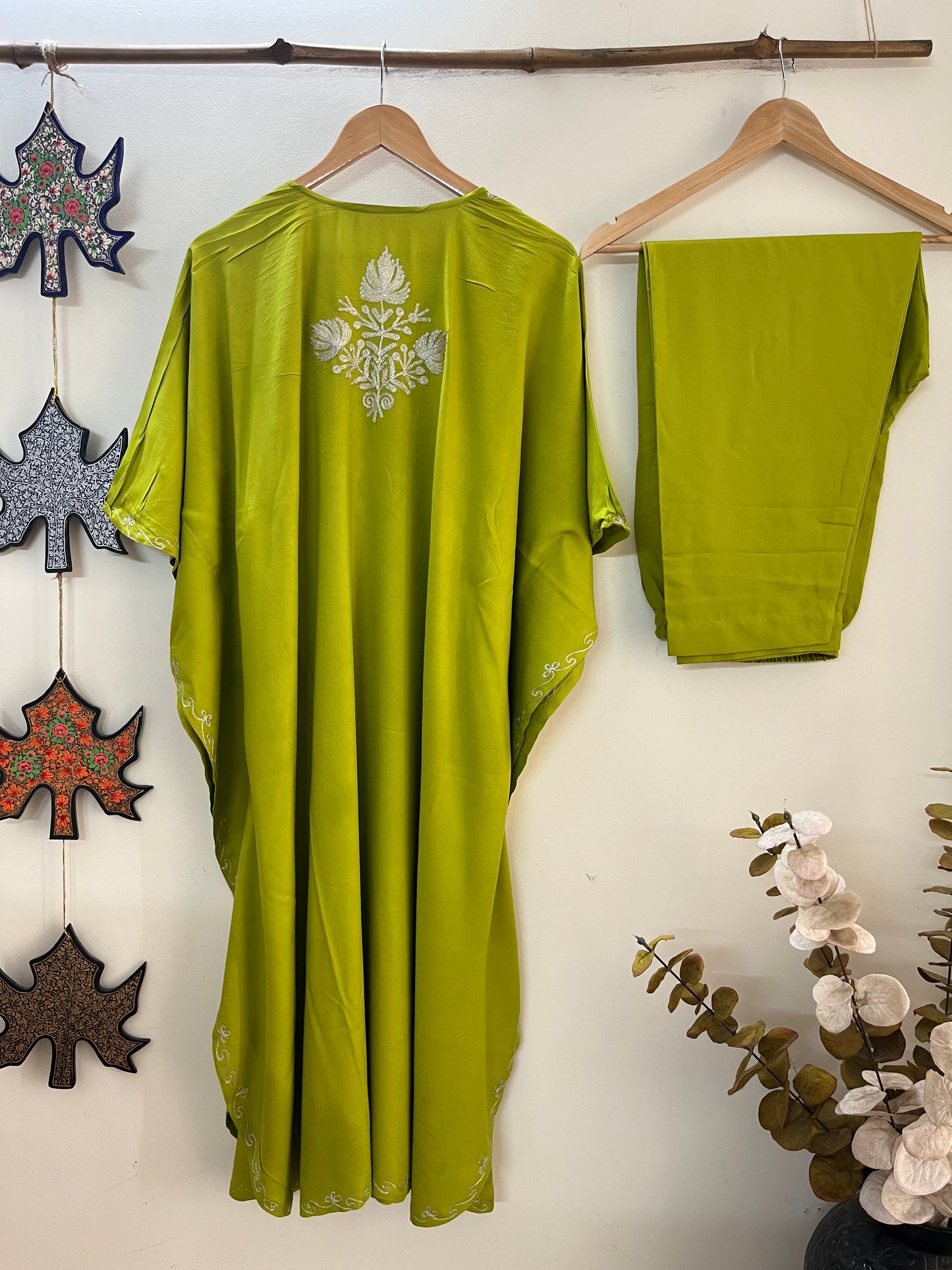 Neon Green Rayon Cotton Kashmiri Tilla Kaftan
