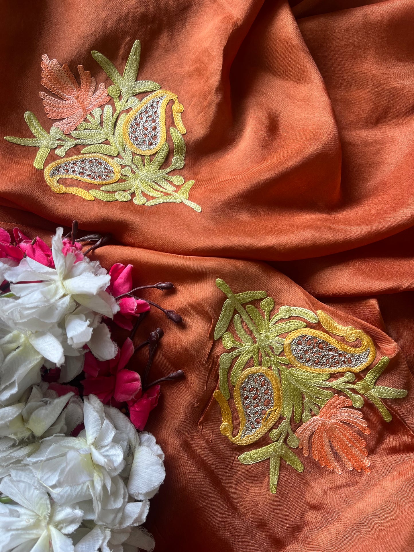 Dull Orange Opada Silk Kashmiri Suits