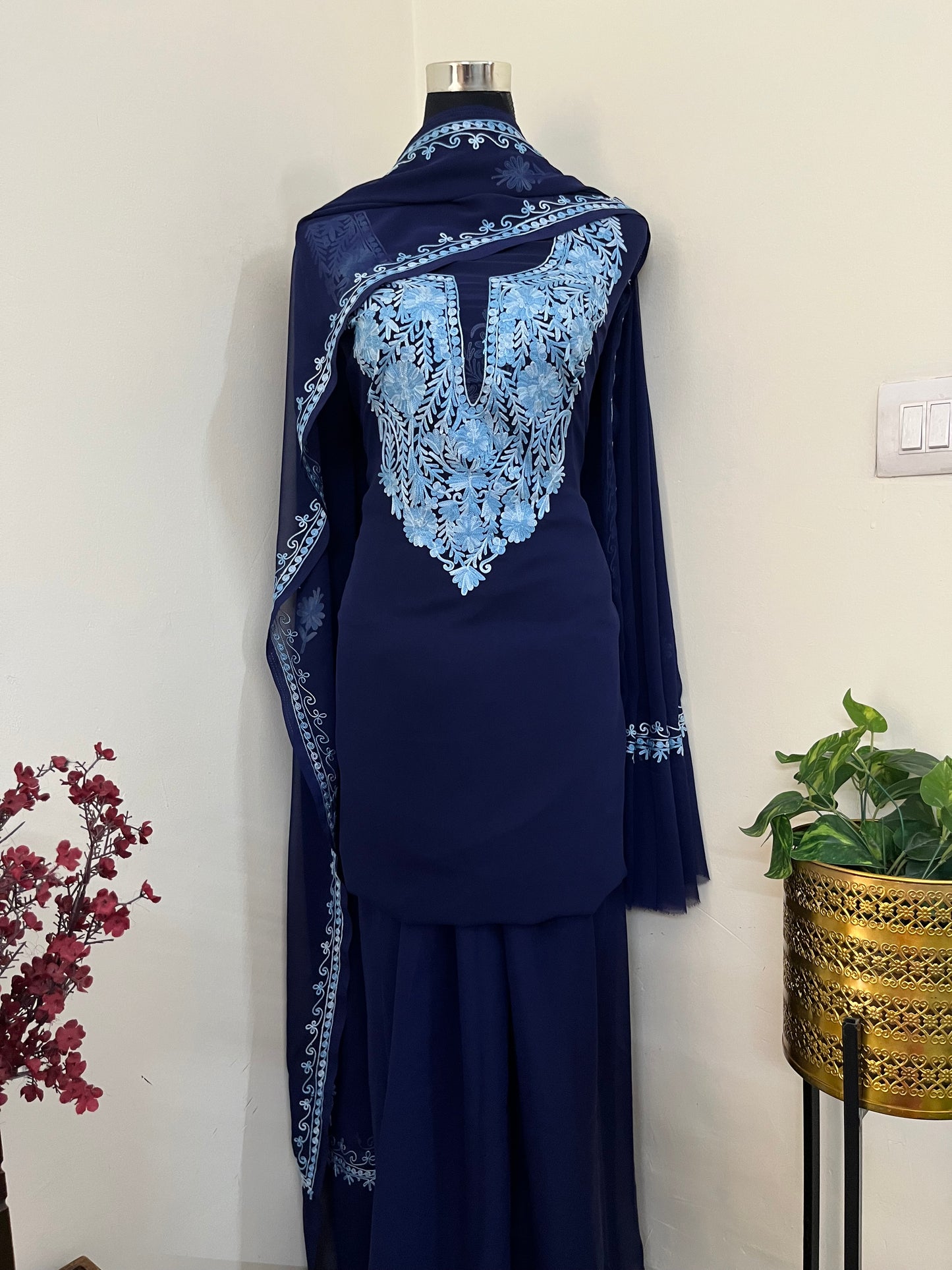 Navy blue Georgette 3 Pc Aari Embroidered Suit Set