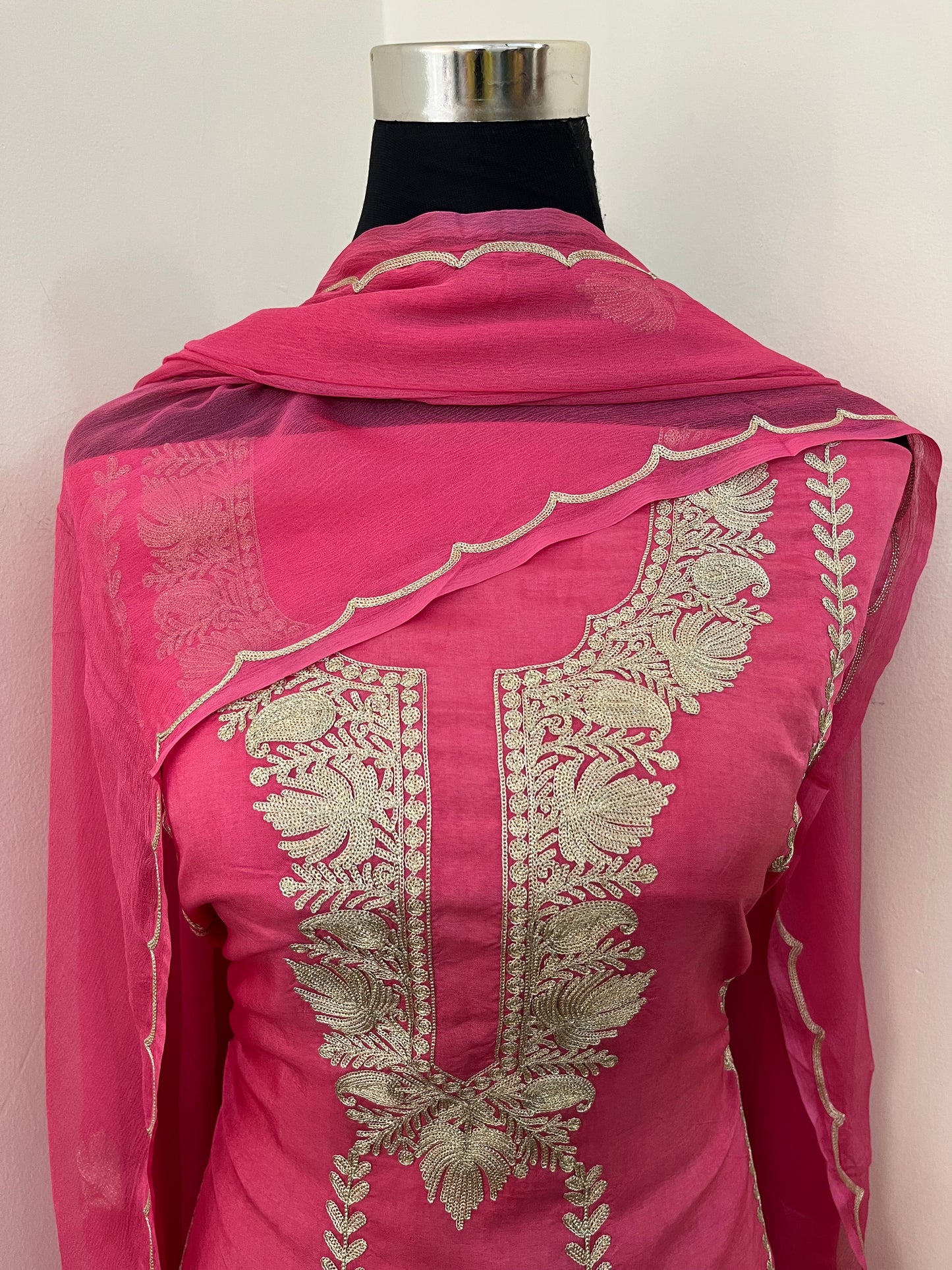 Rose Pink Sanam’ Silk Tilla Kashmiri Suit