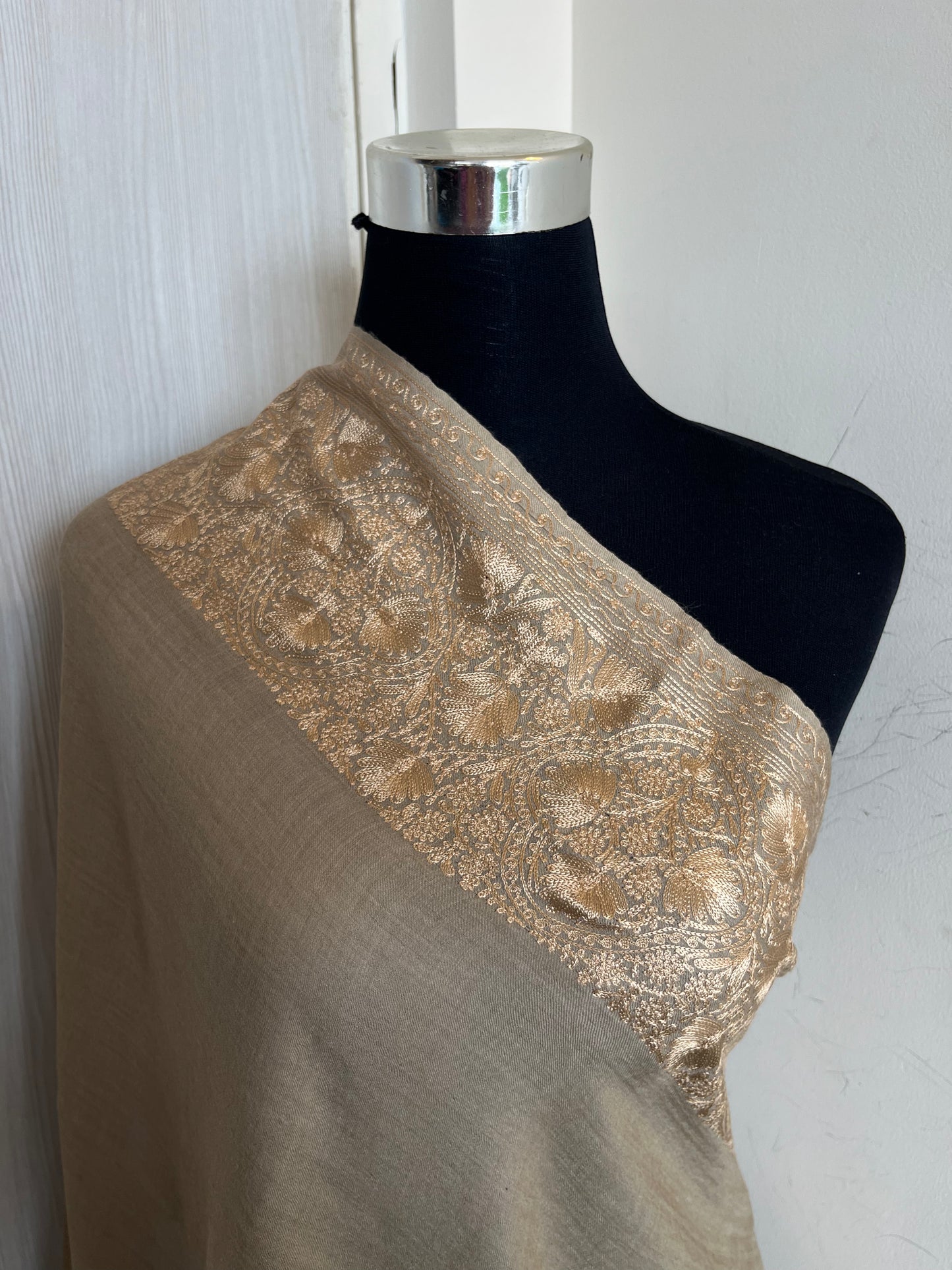 Beige Brown Silk Thread Border Embroidered Fine Semi Pashmina stole