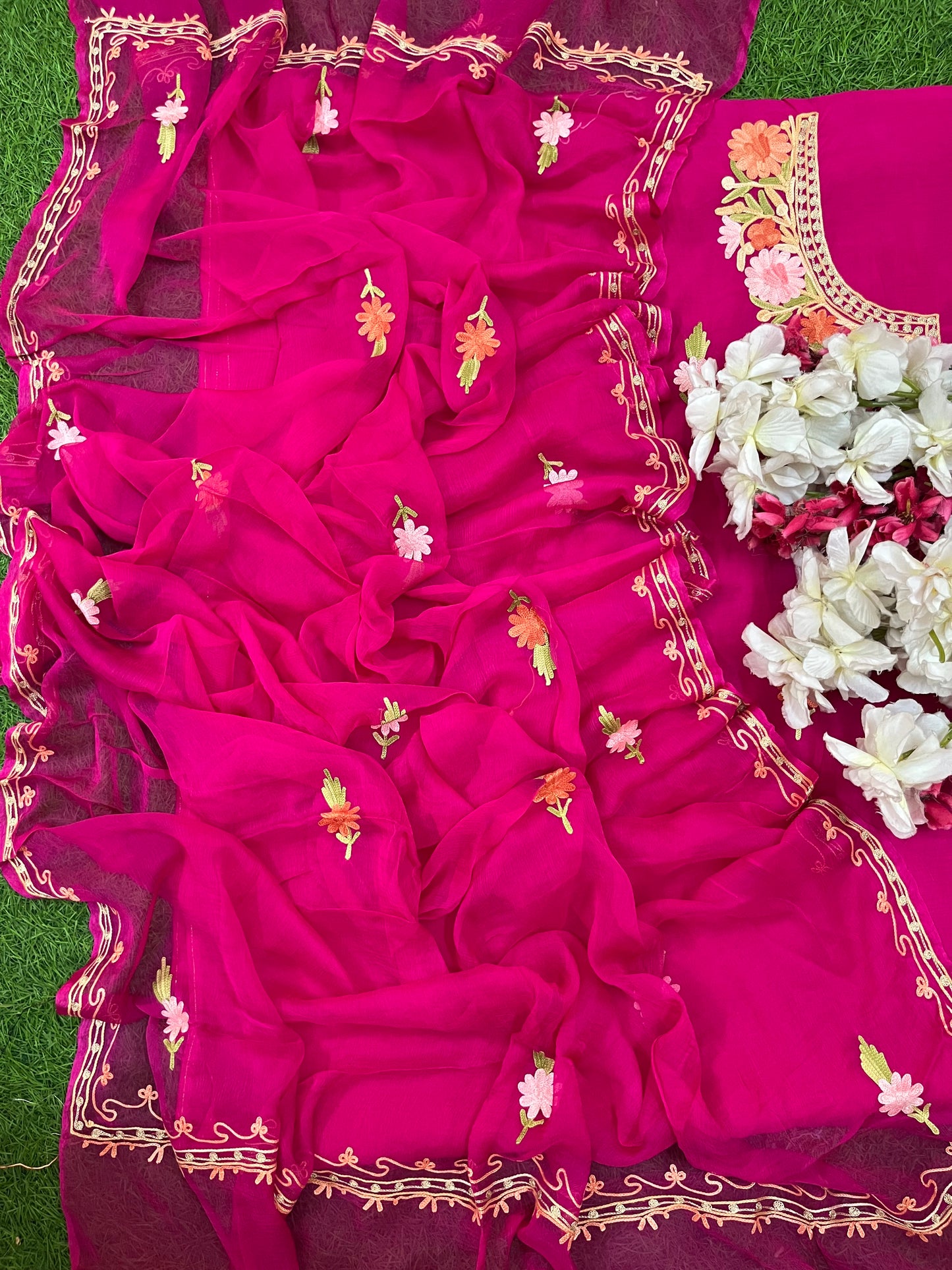 Hot Pink Muslin Cotton Jaal Sleeves Kashmiri 3pc Suit