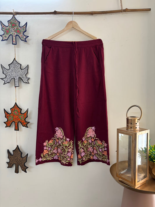 Women Maroon Wide Leg Aari Embroidered Palazzos
