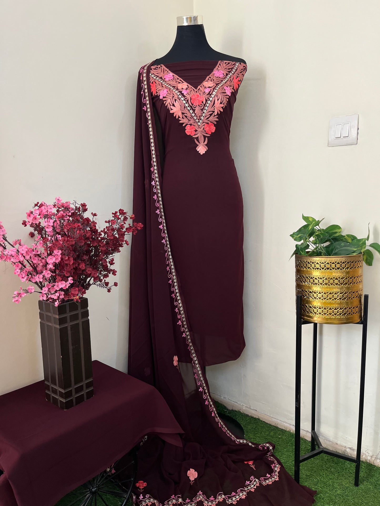 Brown Georgette 3 Pc Aari Embroidered Suit Set