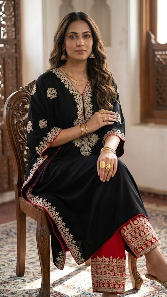 Black Crape Kashmiri Kaftan Set size (44)