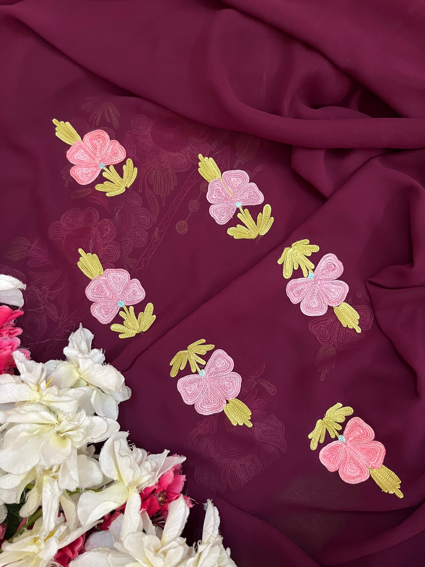 Wine Georgette 3 Pc Aari Embroidered Suit