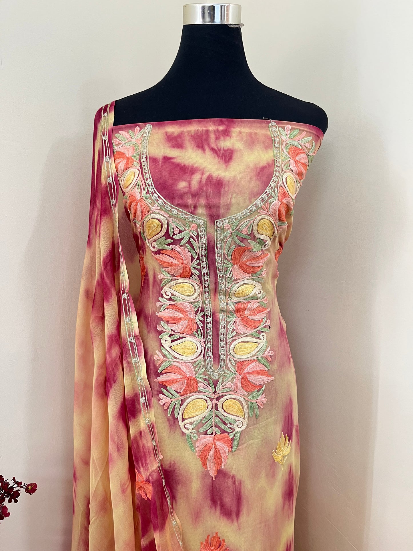 Yellow Pink Pure Georgette Ty Dy Kashmiri Suit