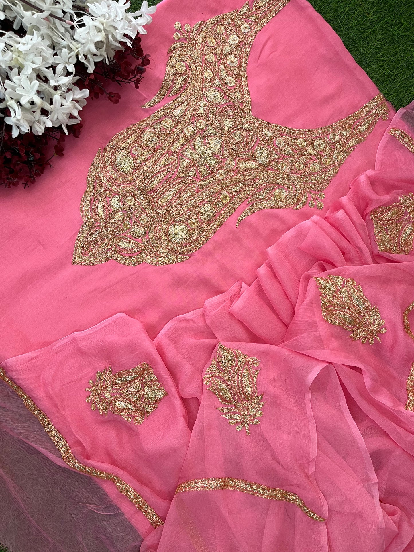 Kalaa’ Soft Pink Muslin Silk Tilla Embroidered Suit material