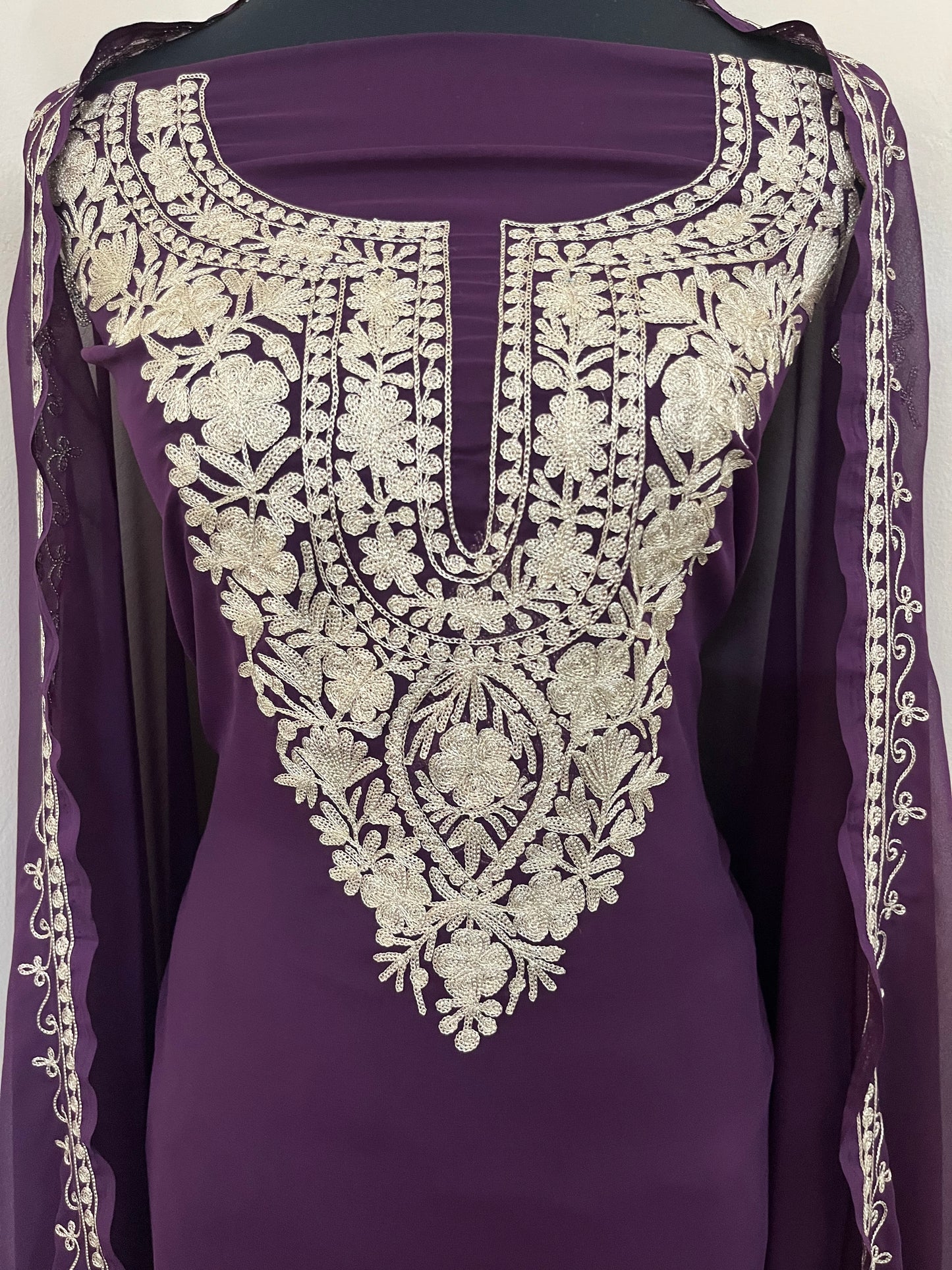 Wine Georgette 3pc Kashmiri Tilla Suit