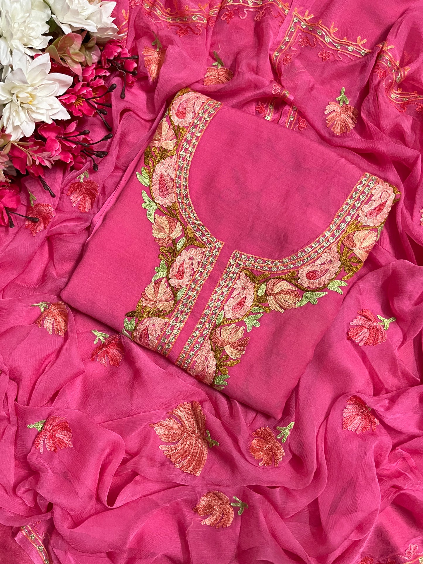 Pink Muslin Cotton Jaal Sleeves Kashmiri 3pc Suit