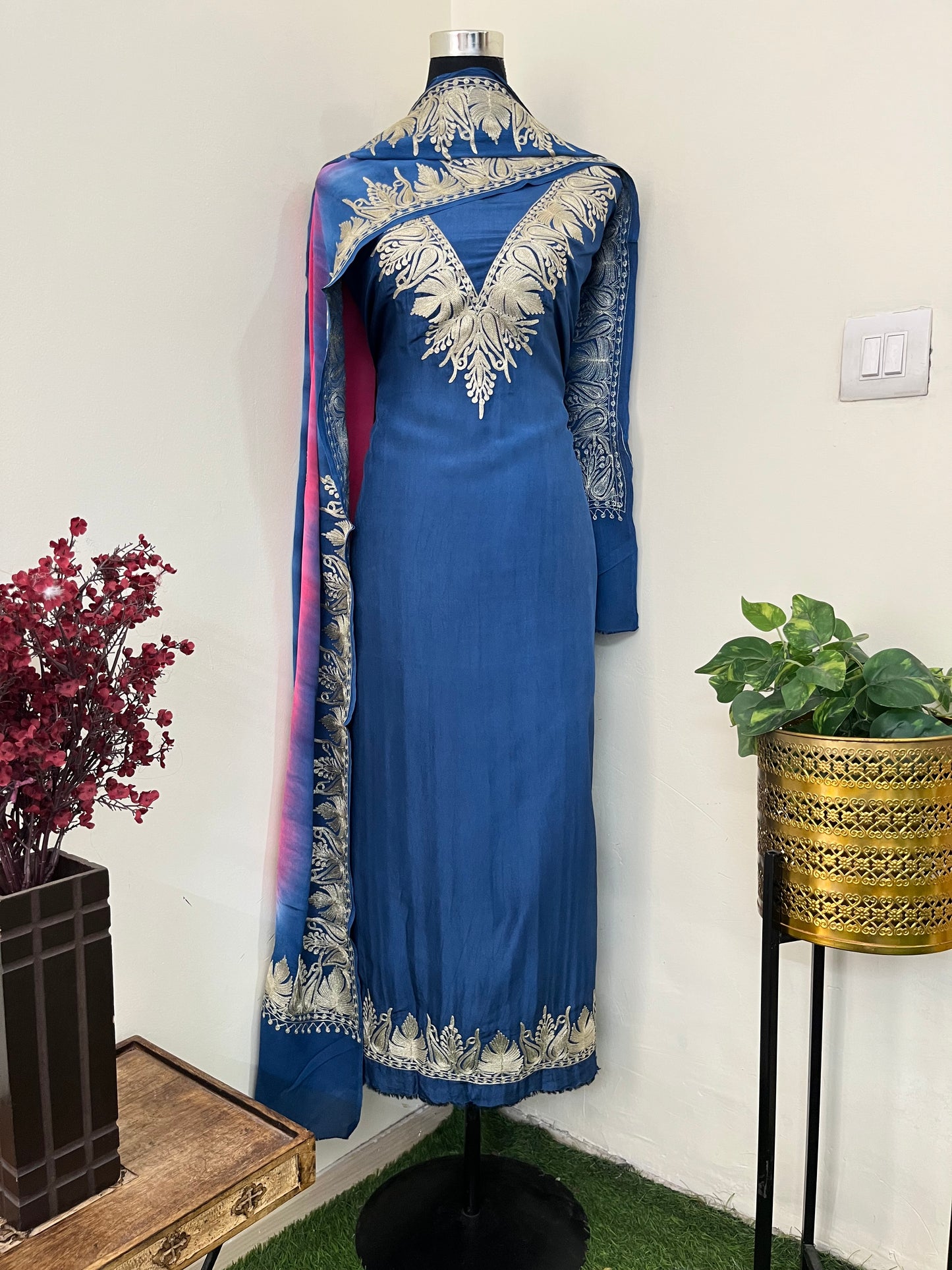 Sanam Electric Blue Silk Kashmiri Suit
