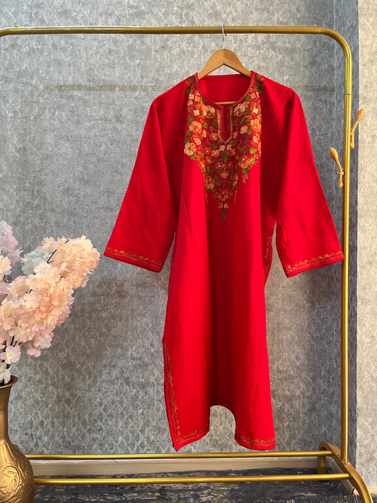 Red Aari Embroidered Wool Pheran