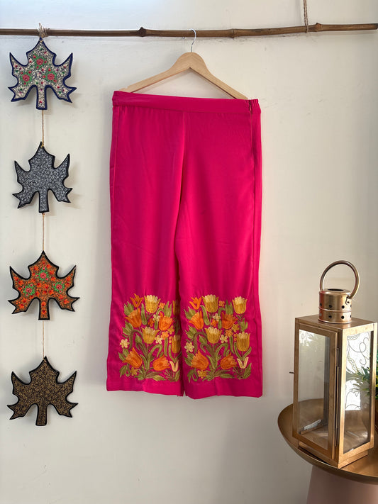 Women Pink Solid Cropped Aari Embroidered Palazzos