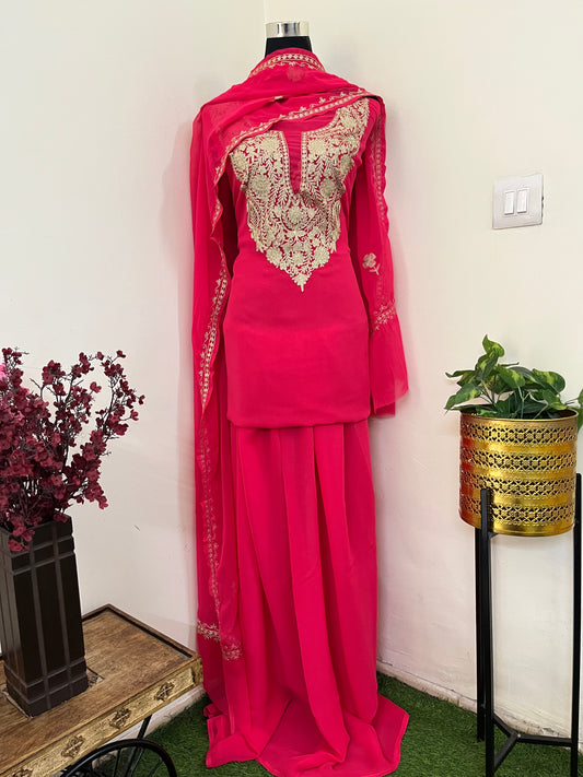 Candy Pink Georgette 3pc Kashmiri Tilla Suit