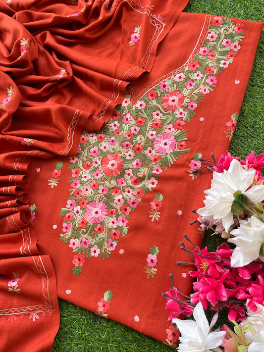Rust Orange Woollen Aari Embroidered 3pc suit
