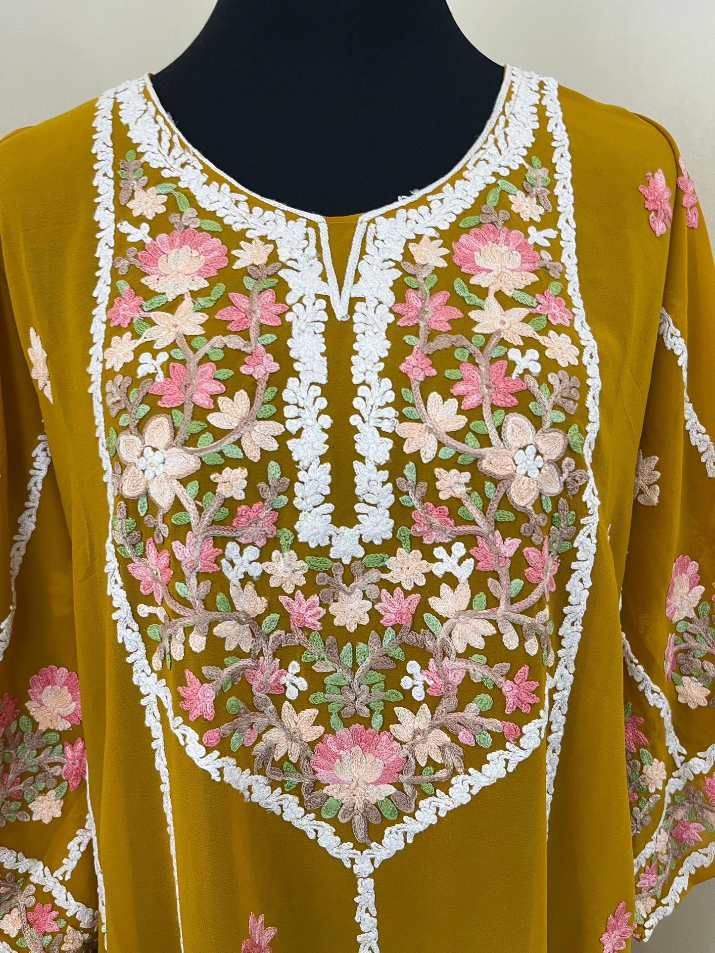 Mustard Georgette All over Work Aari Embroidered Unstitched Kurta