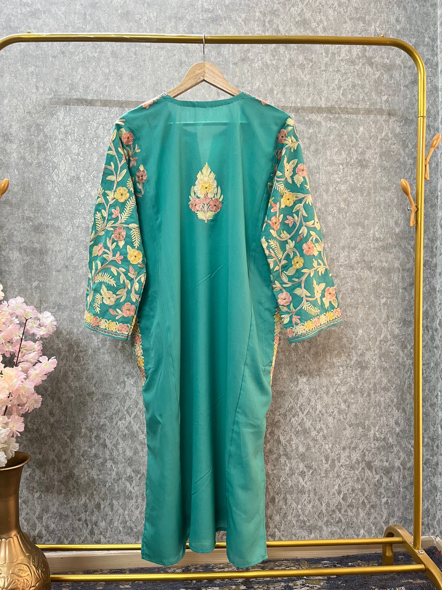 Jade Green Cotton Aari Work Pheran