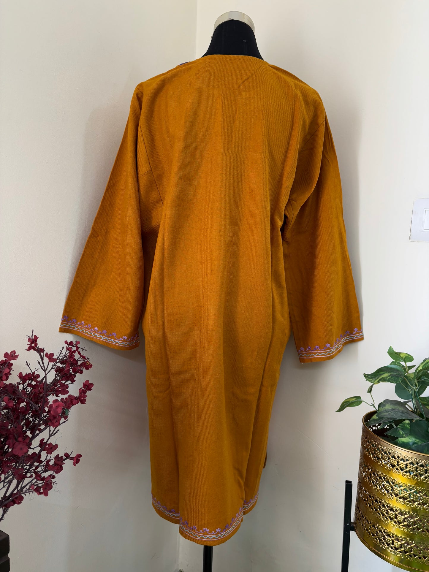 Mustard Yellow Aari Embroidered Wool Pheran