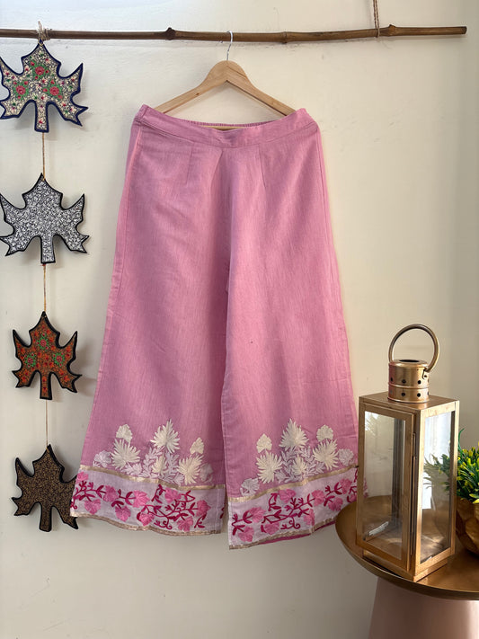 Women Pink Flared Aari Embroidered Palazzos