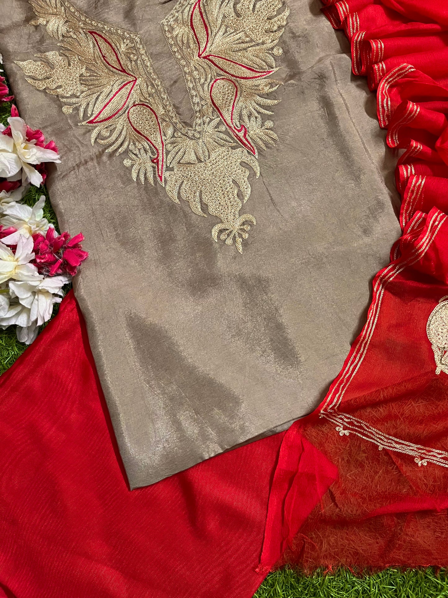 Golden Beige Silk Aari Tilla Fusion Suit
