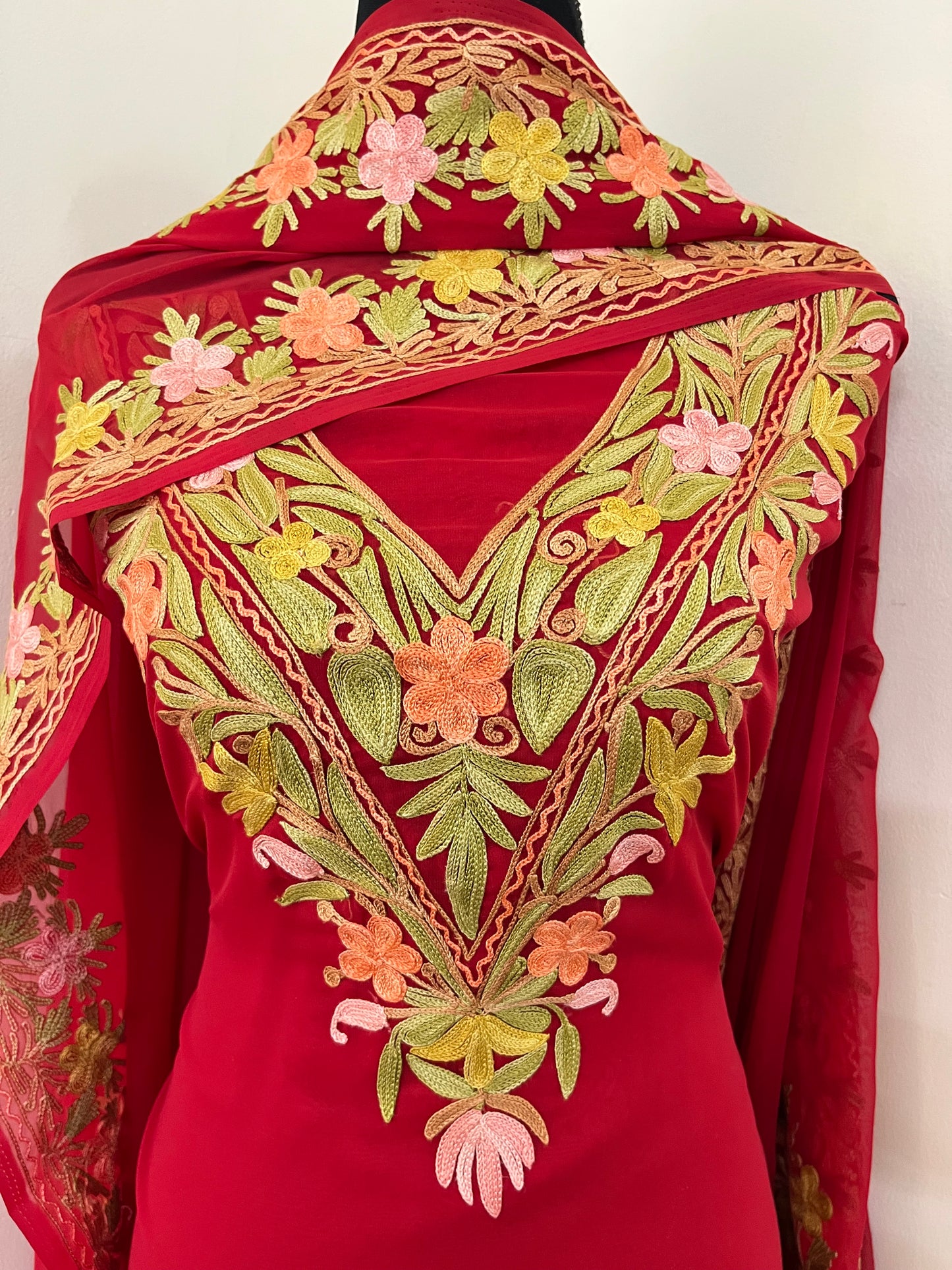 Red Georgette 3 Pc Kashmiri Suit
