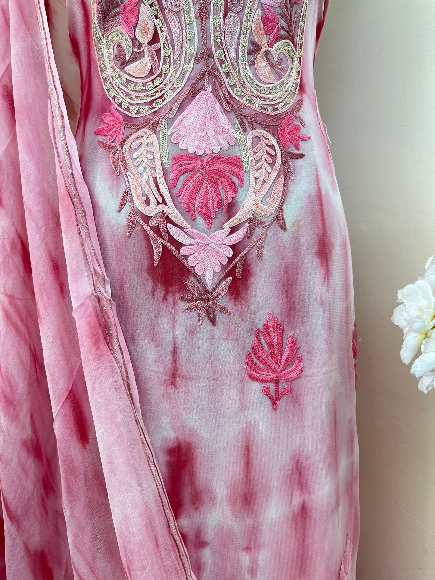 Rose Pink Pure Georgette Ty Dy Kashmiri Suit