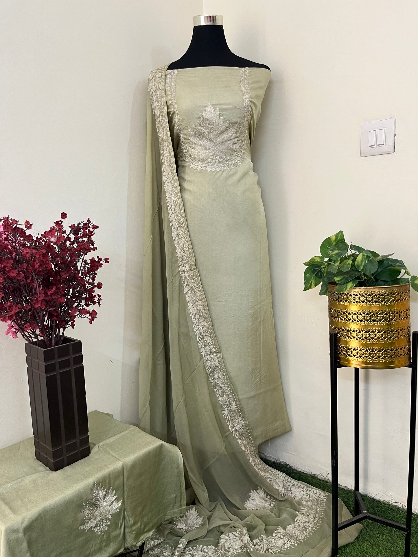 Sanam’ Pastel Green Tilla Embroidered Suit material