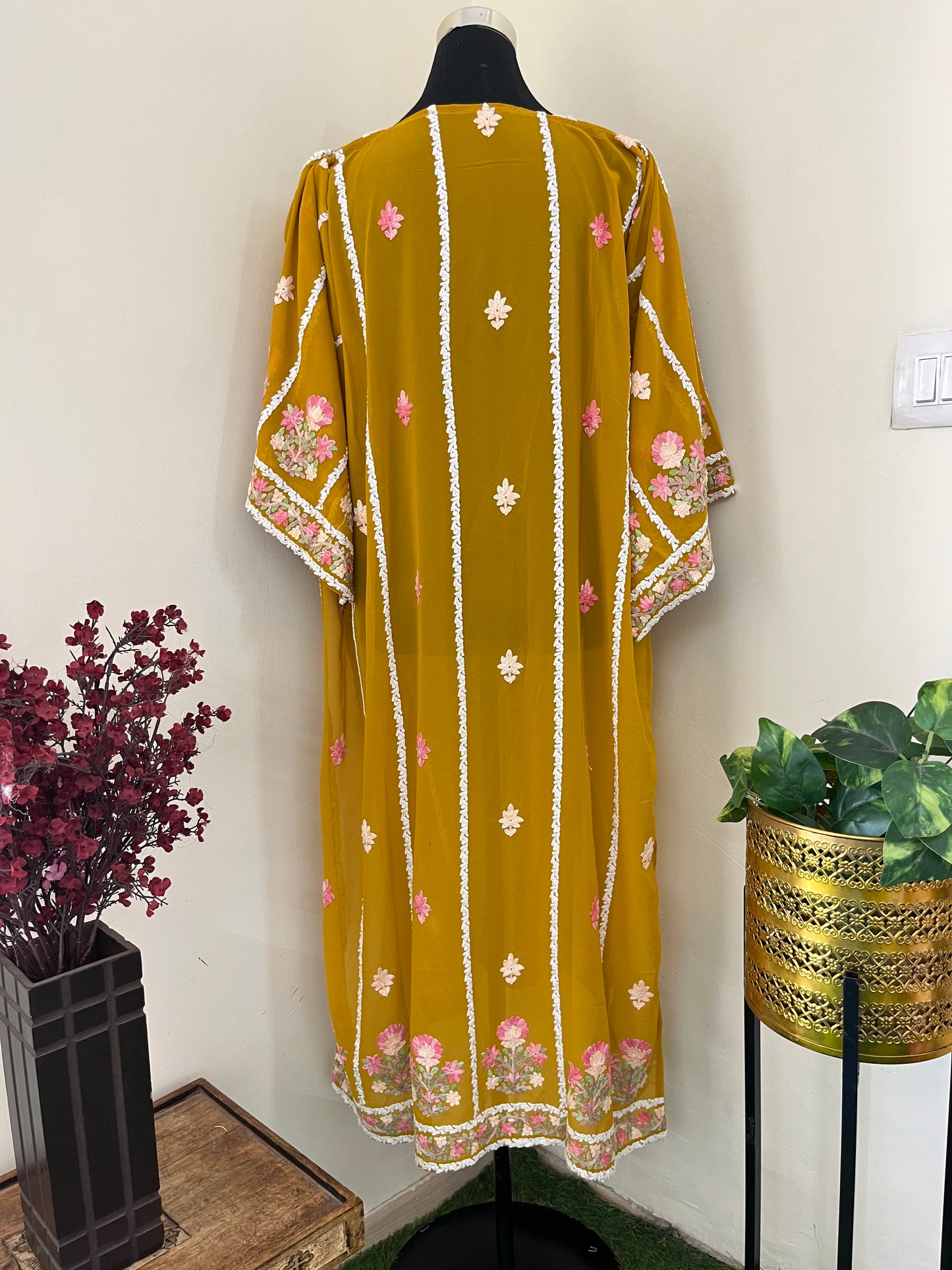 Mustard Georgette All over Work Aari Embroidered Unstitched Kurta