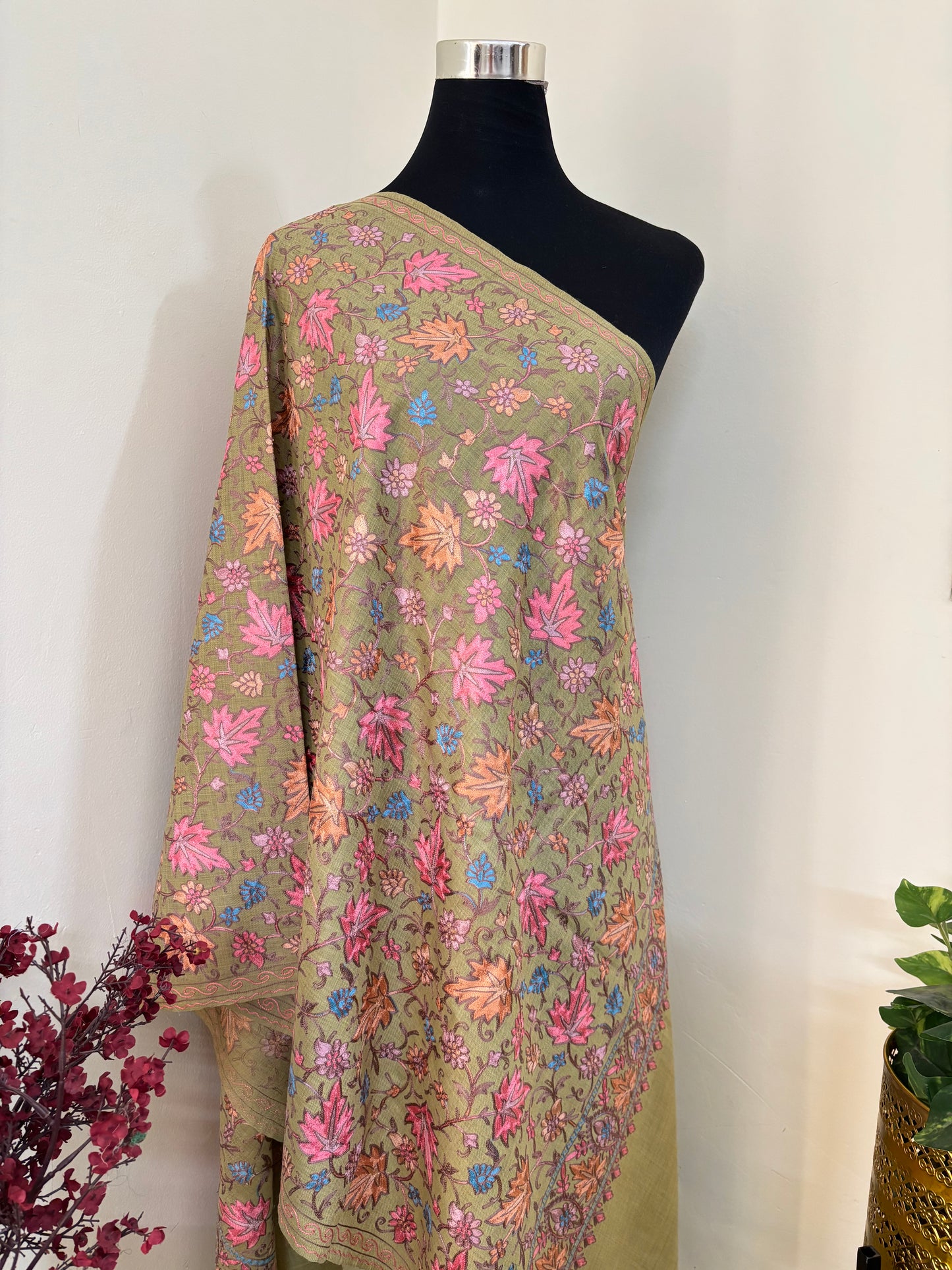 Pista Green Chinaar Jaal Kashmiri Semi Pashmina Stole