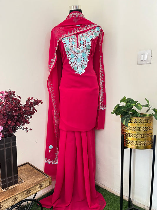 Candy Pink Georgette 3 Pc Aari Embroidered Suit Set