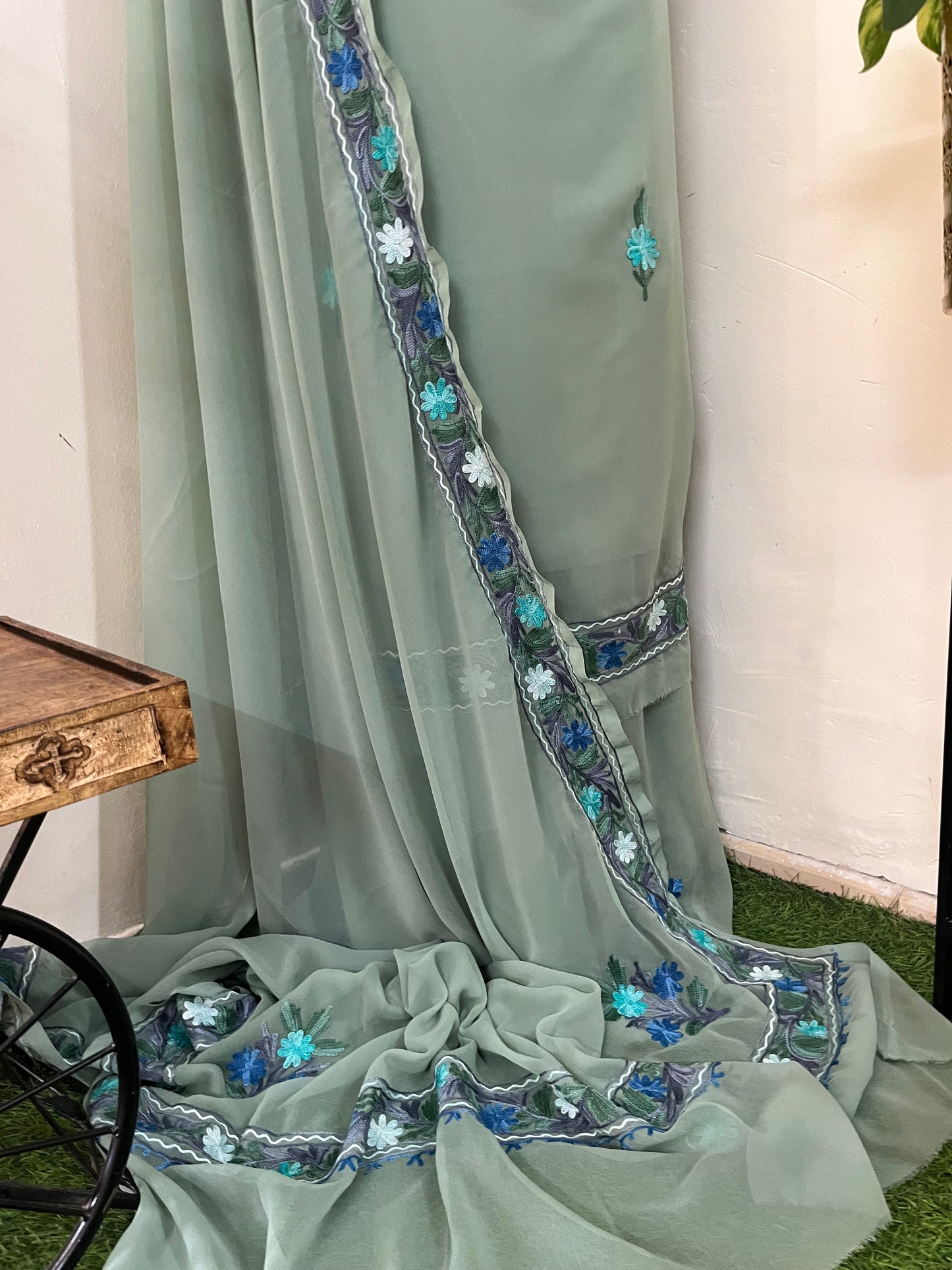Tea Green Georgette 3 Pc Aari Embroidered Suit Set