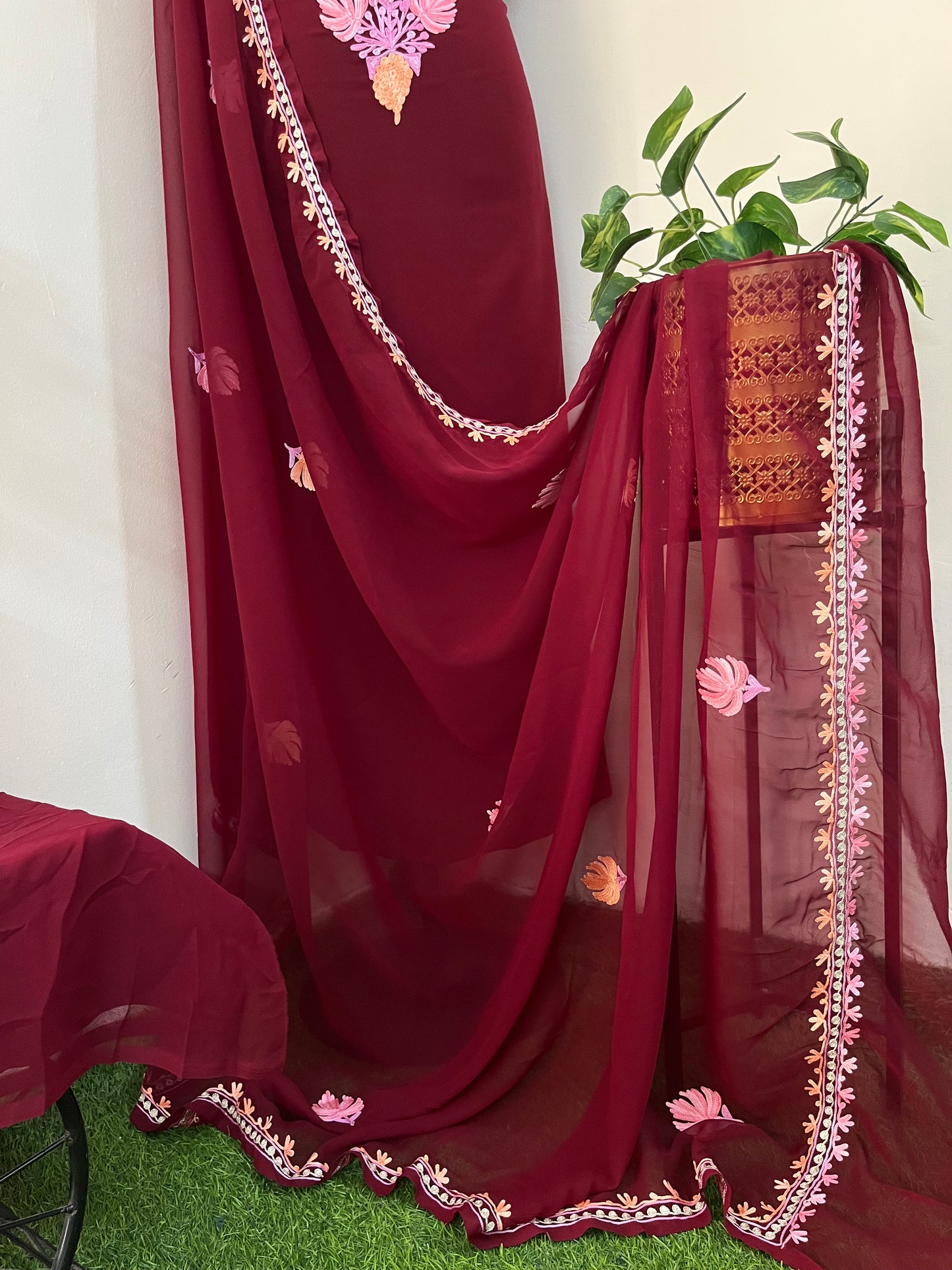 Maroon Georgette 3pc Aari Embroidered Suit