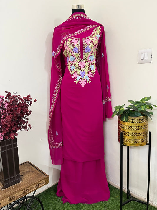Hot Pink Georgette 3 Pc Aari Embroidered Suit Set