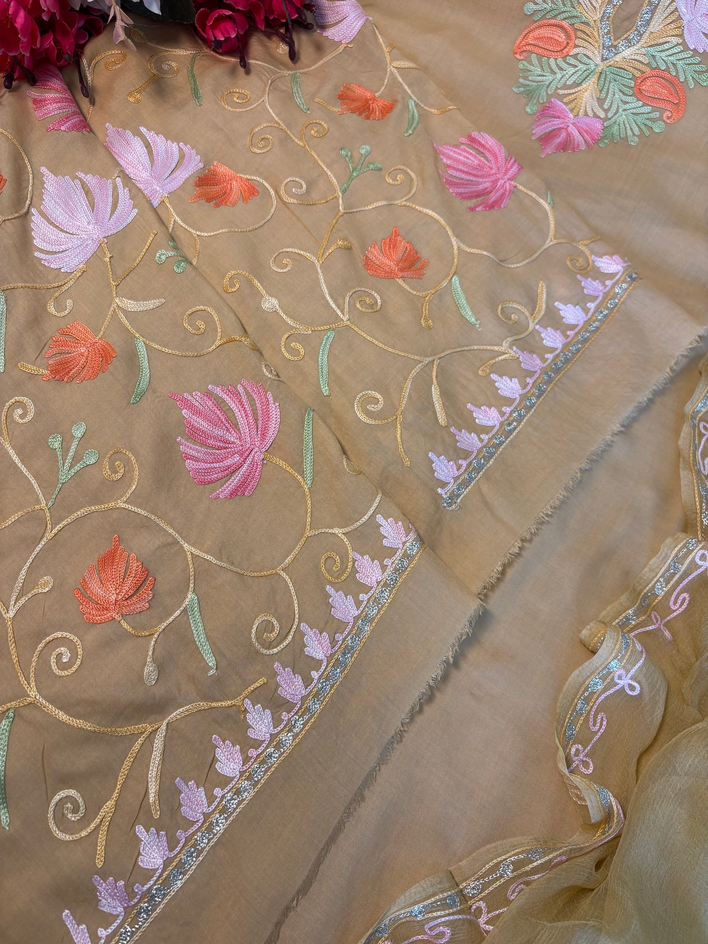 Faun Muslin Cotton Jaal Sleeves Kashmiri 3pc Suit