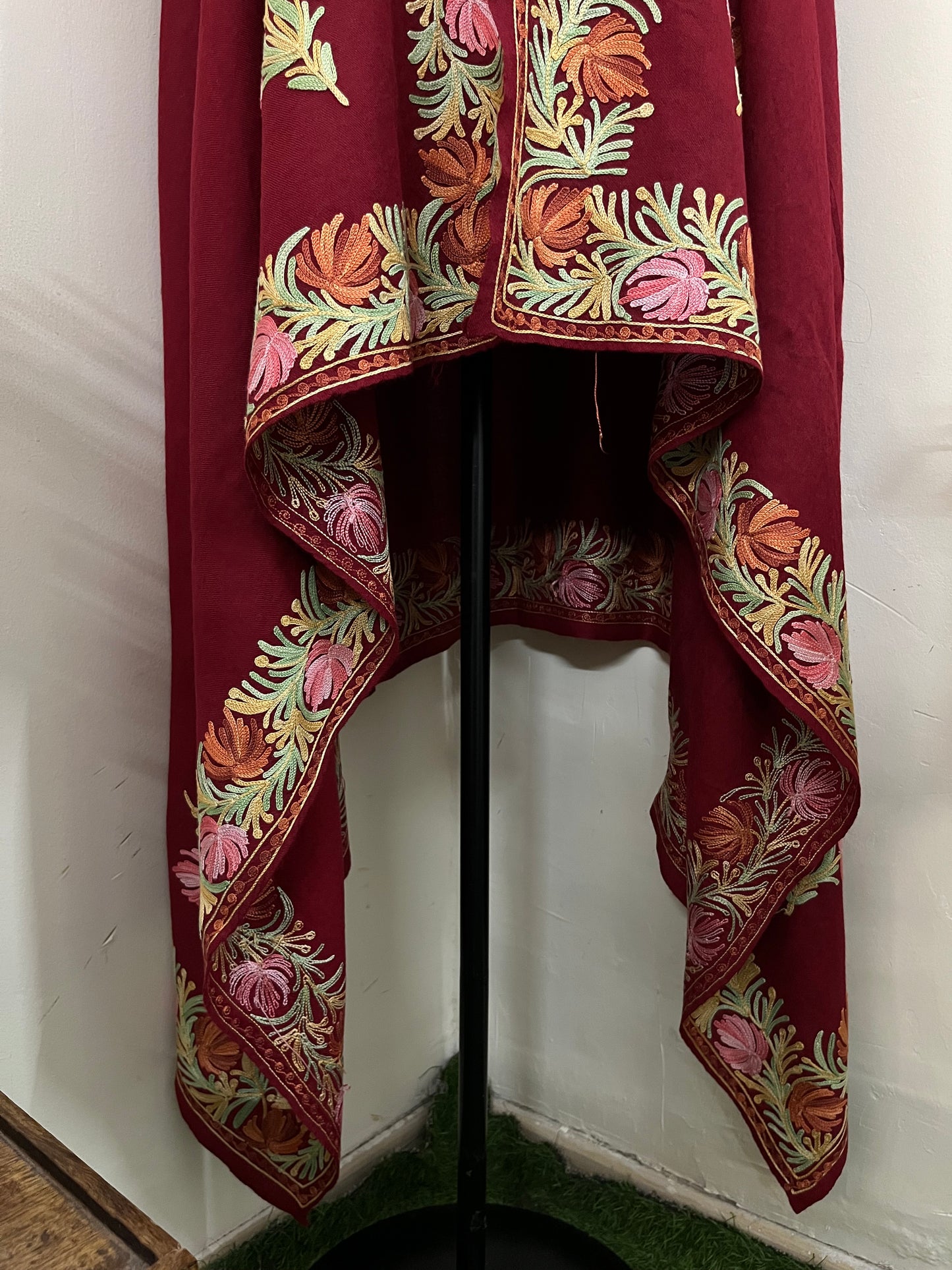 Maroon Aari Embroidered Pure Wool Cape