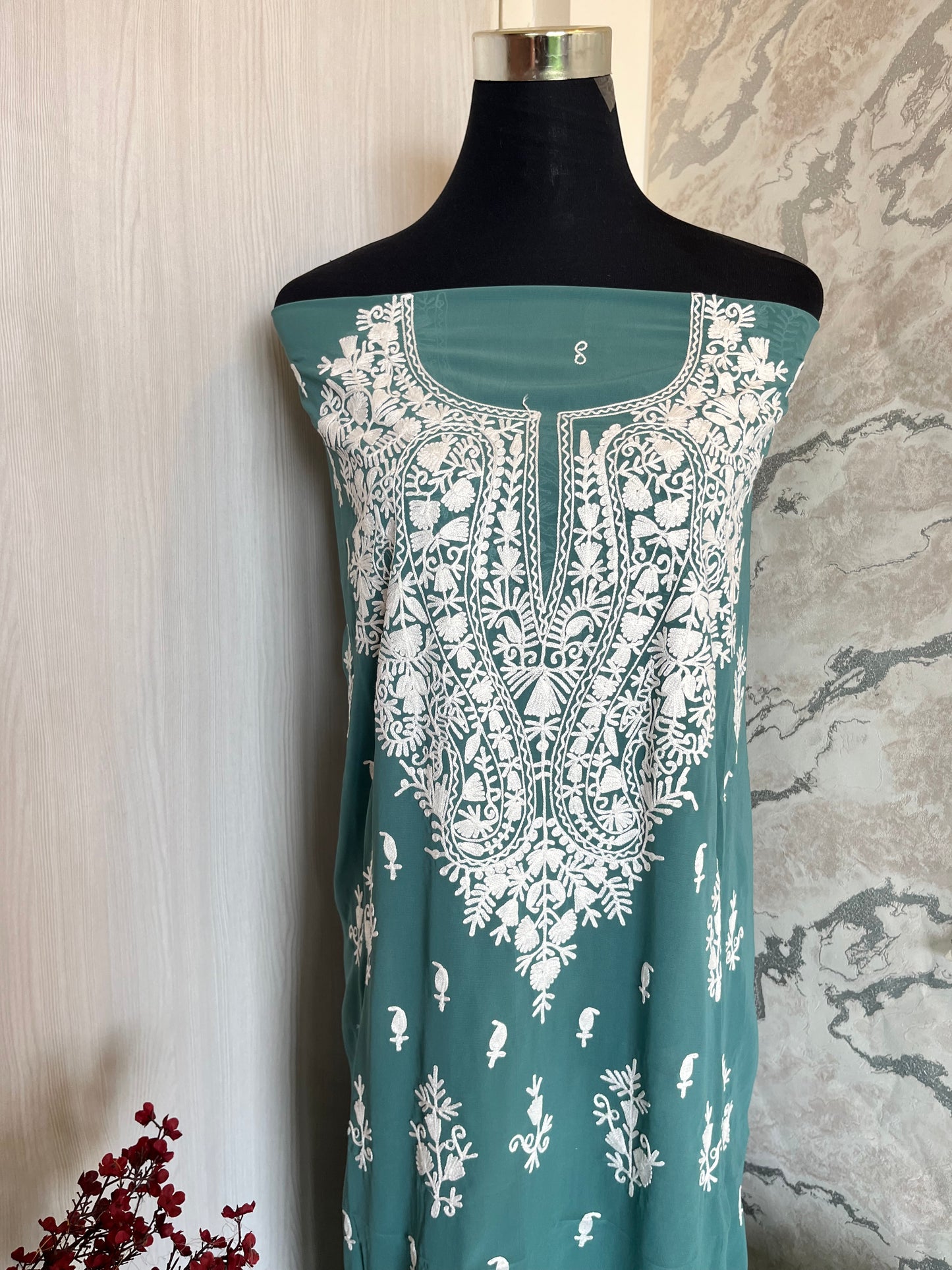 Georgette Pastel Green All over Work Aari Embroidered Unstitched Kurta Material