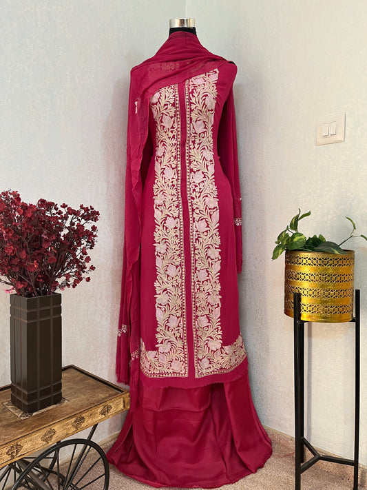 Hot Pink Pure Georgette Achkan Kashmiri Suit