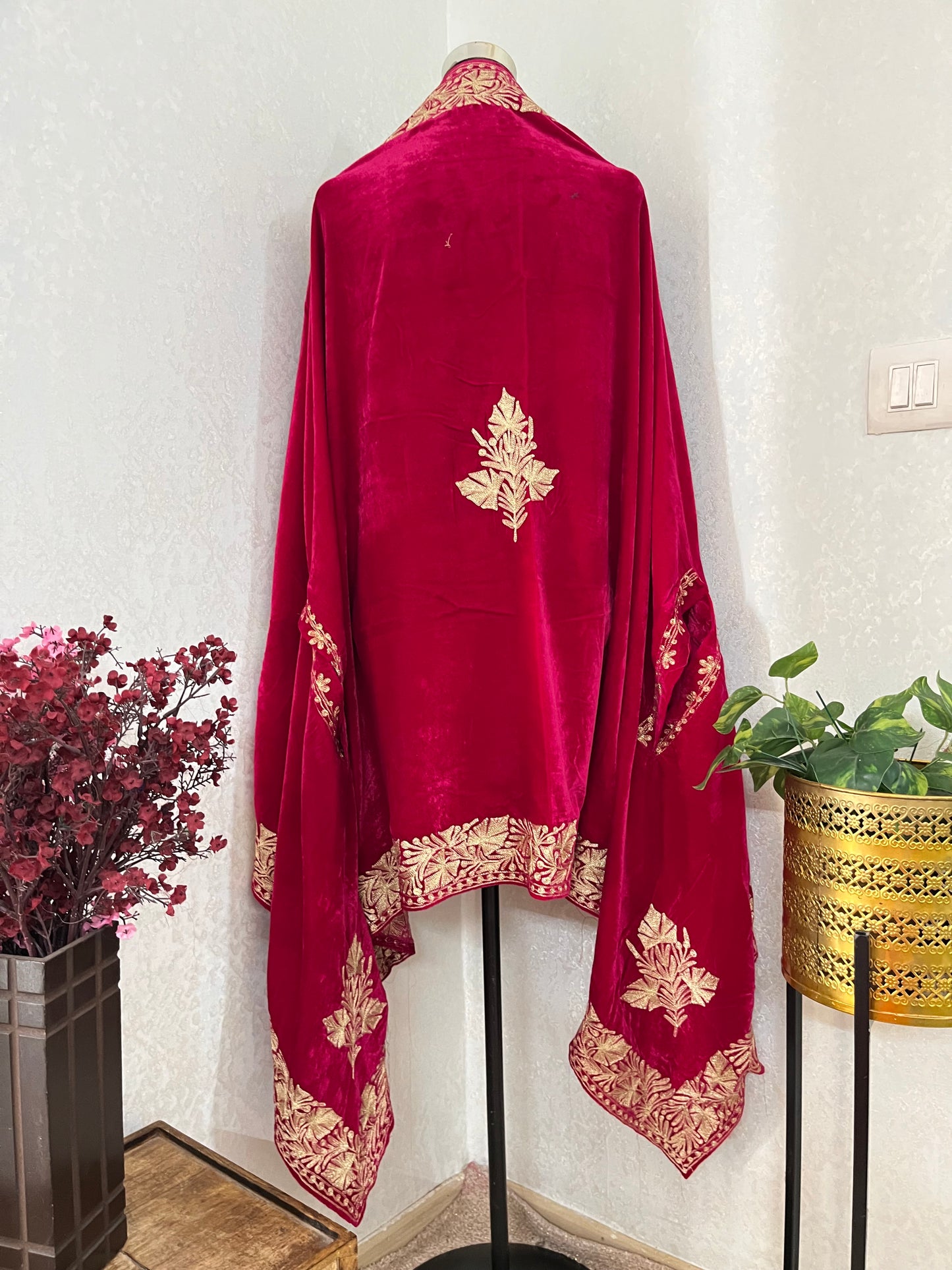 Hot pink Tilla Embroidered Velvet Cape