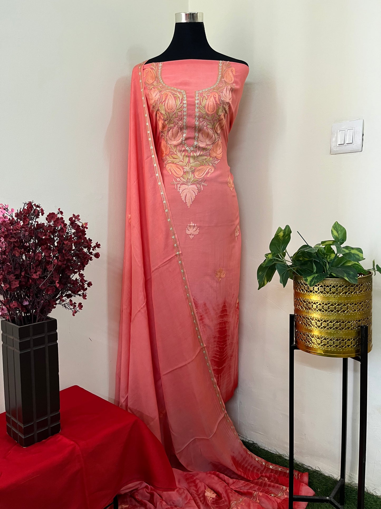 Carrot Red Mul Cotton Shibori Work Kashmiri 3pc Suit