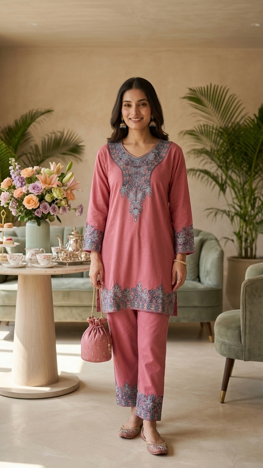 Soft Pink Cotton Stitched Co-ord Set( 42)