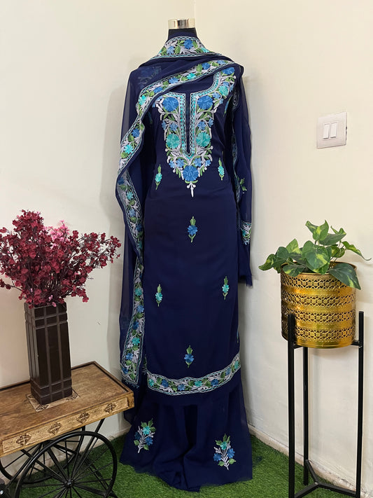 Blue Georgette 3 Pc Aari Embroidered Suit Set