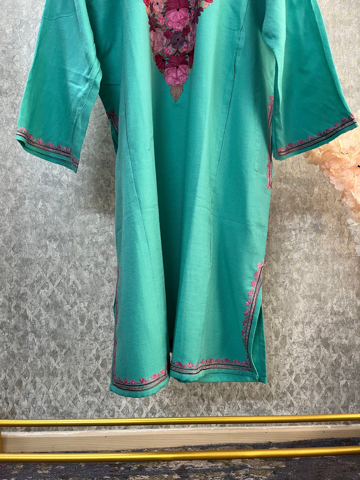 Sea Green Aari Embroidered Wool Pheran