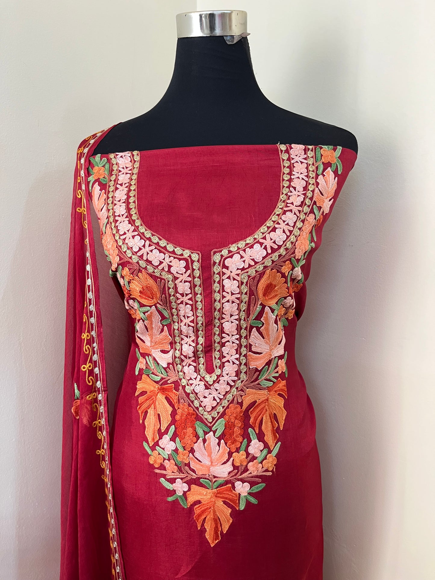 Maroon Opada Silk Aari Embroidered Suit material