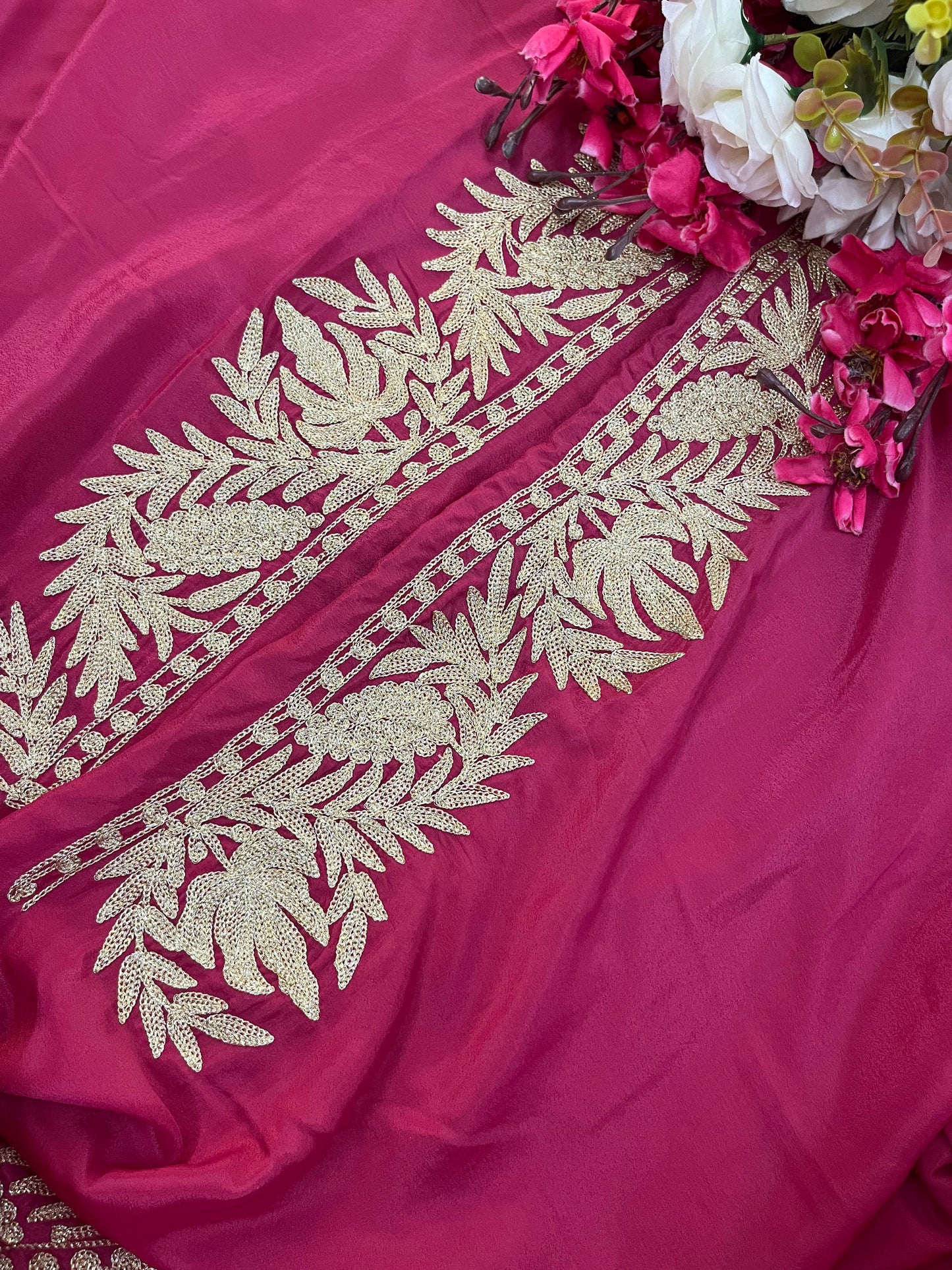 Pink Crape Kashmiri Tilla Saree